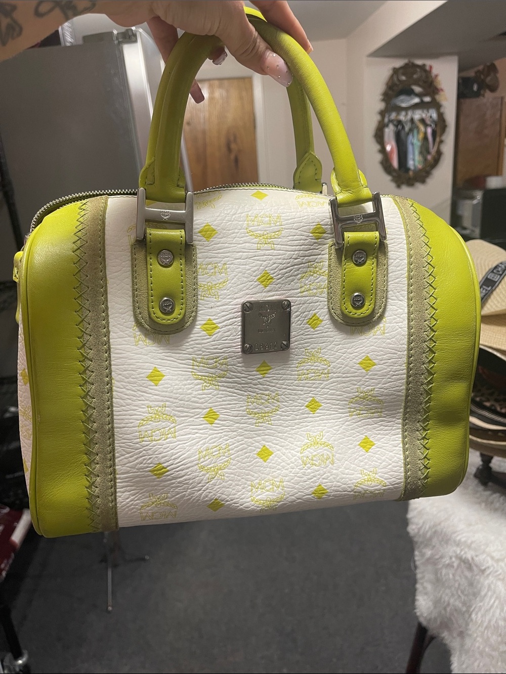 MCM White and Lime Visetos Dome Satchel